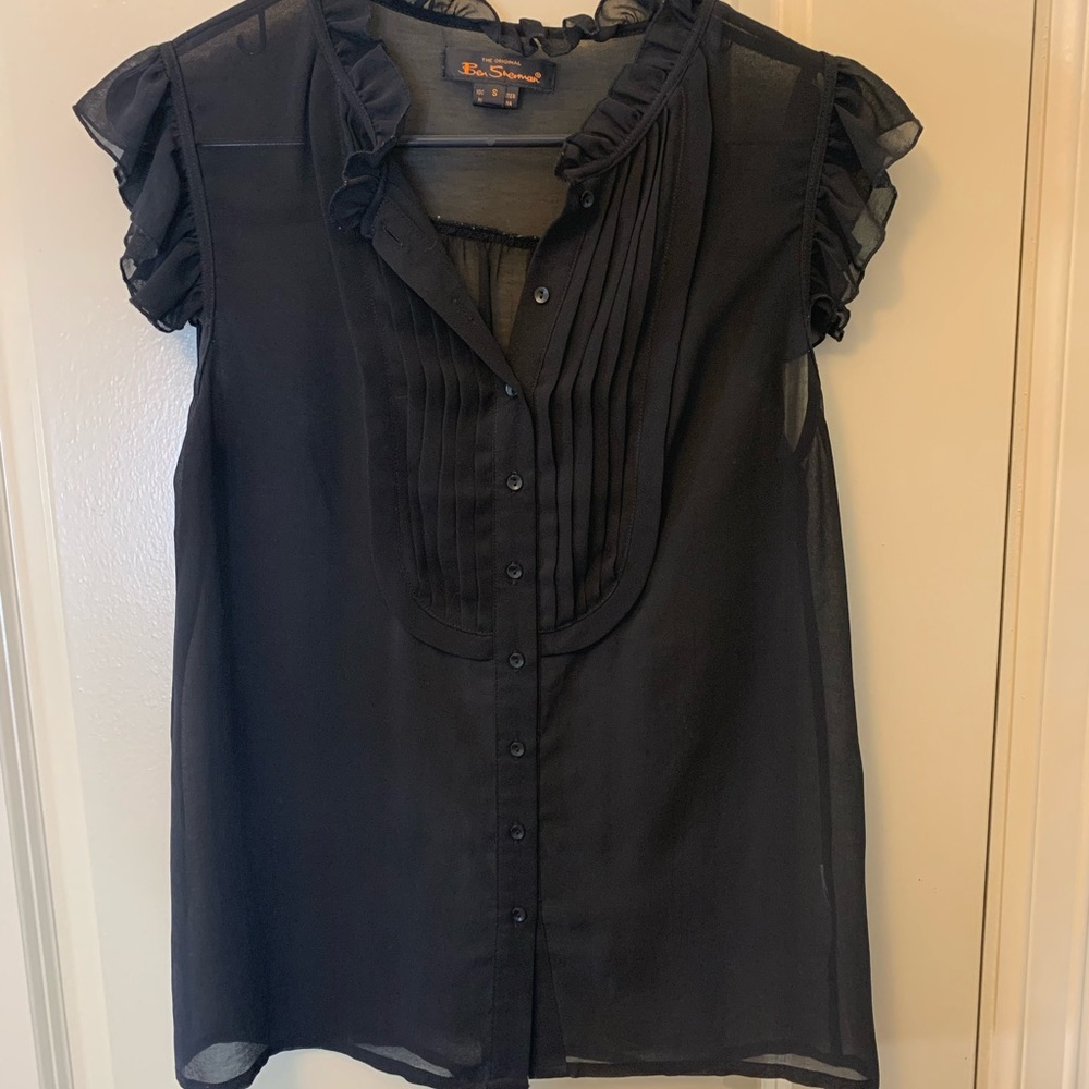 Ben Sherman black sheer ruffled top, size S (US)